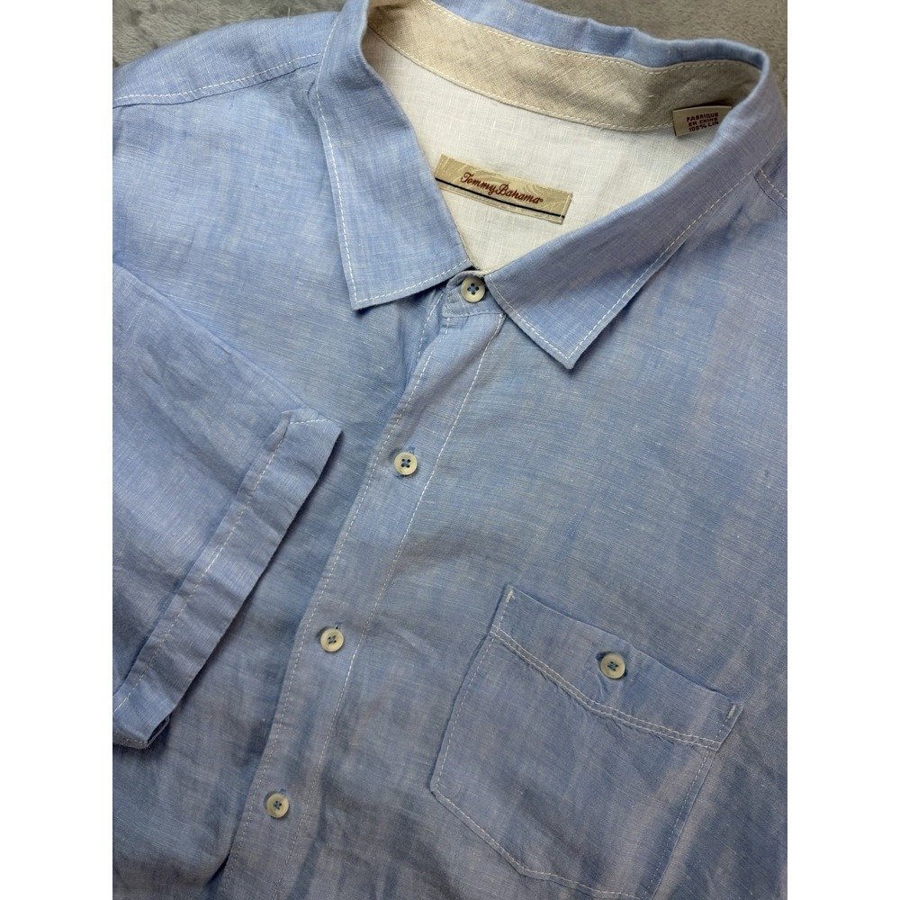 Tommy Bahama Shirt Mens XXL 100% Linen Short Sleeve Button Up Light Blue